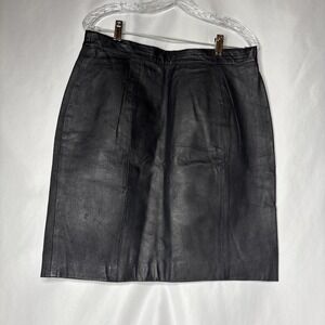 Vtg M. J. Carroll Women's 15/16 Black Leather‎ Pencil Skirt Back Slit